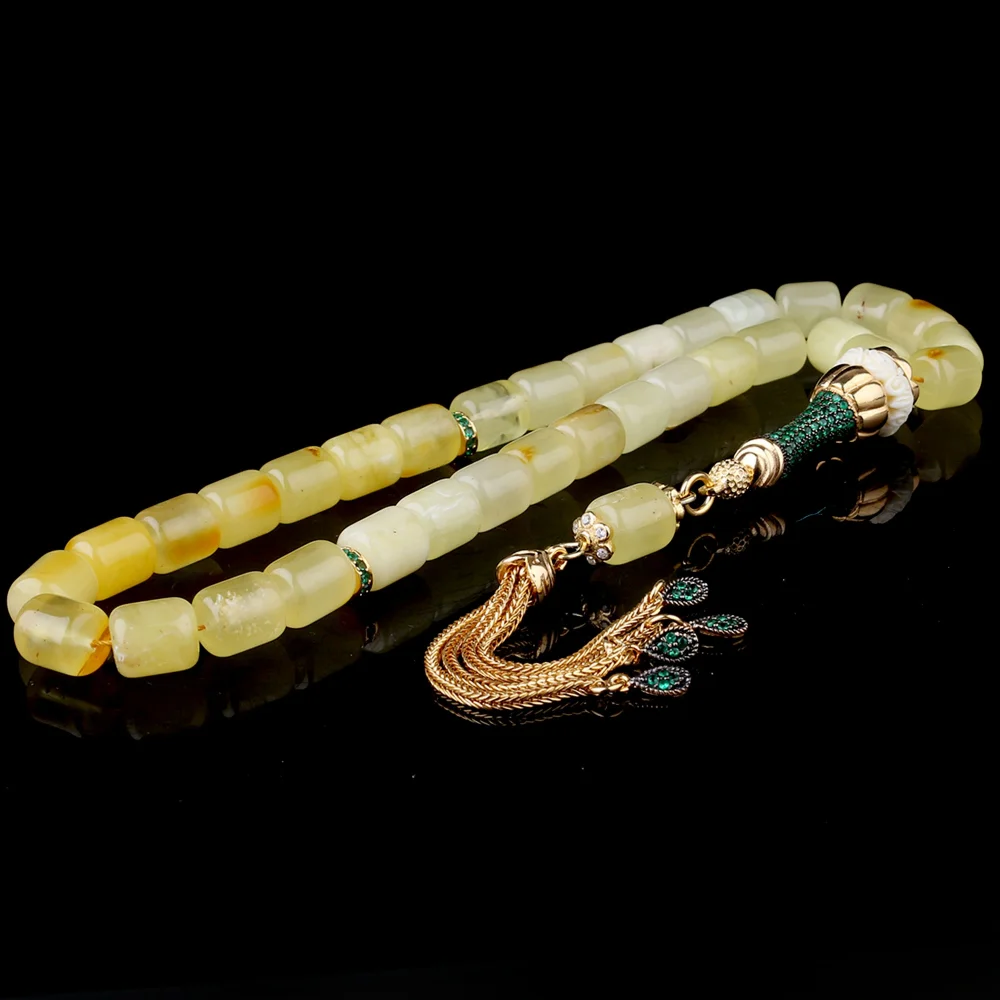 Kapsül Kesim Damla Kehribar Tesbih Zirkon Set 925 Ayar Gümüş Püsküllü