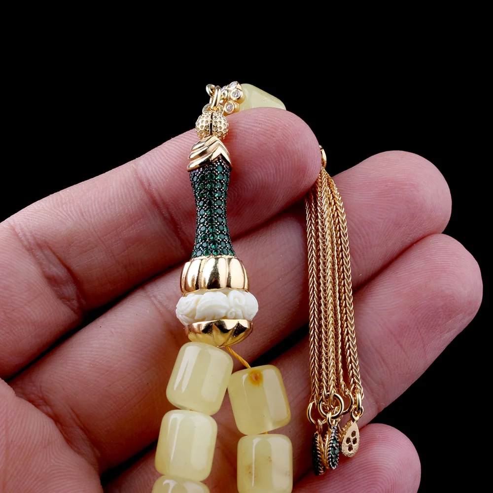 Kapsül Kesim Damla Kehribar Tesbih Zirkon Set 925 Ayar Gümüş Püsküllü