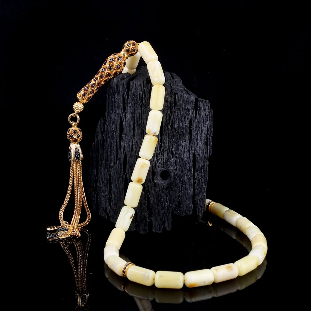 Kapsül Kesim Damla Kehribar Tesbih Zirkon Set Gümüş Püsküllü