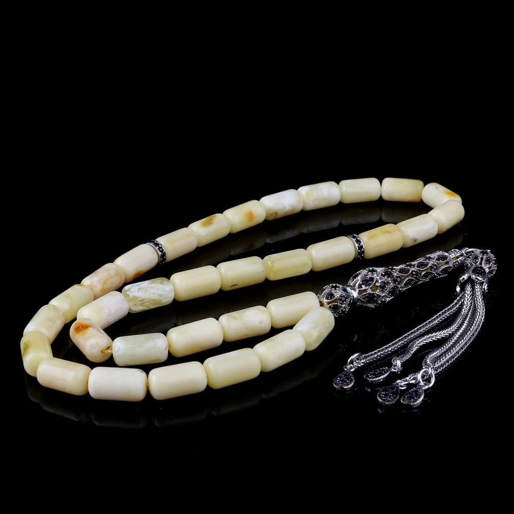 Kapsül Kesim Damla Kehribar Tesbih Zirkon Set Gümüş Püsküllü