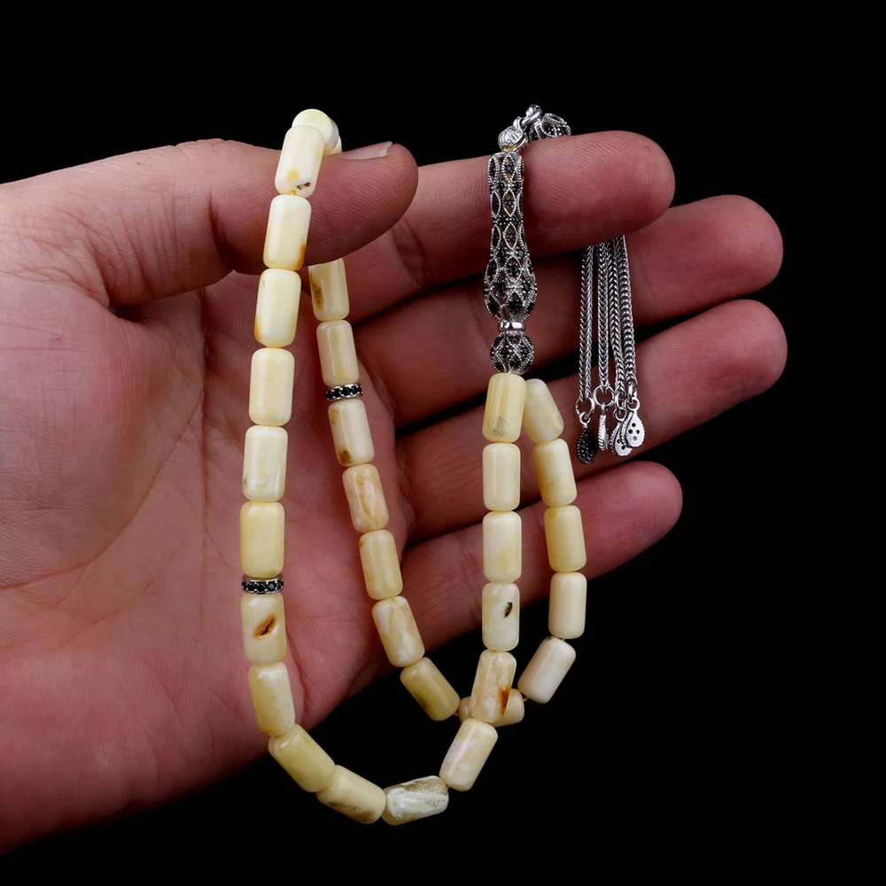 Kapsül Kesim Damla Kehribar Tesbih Zirkon Set Gümüş Püsküllü