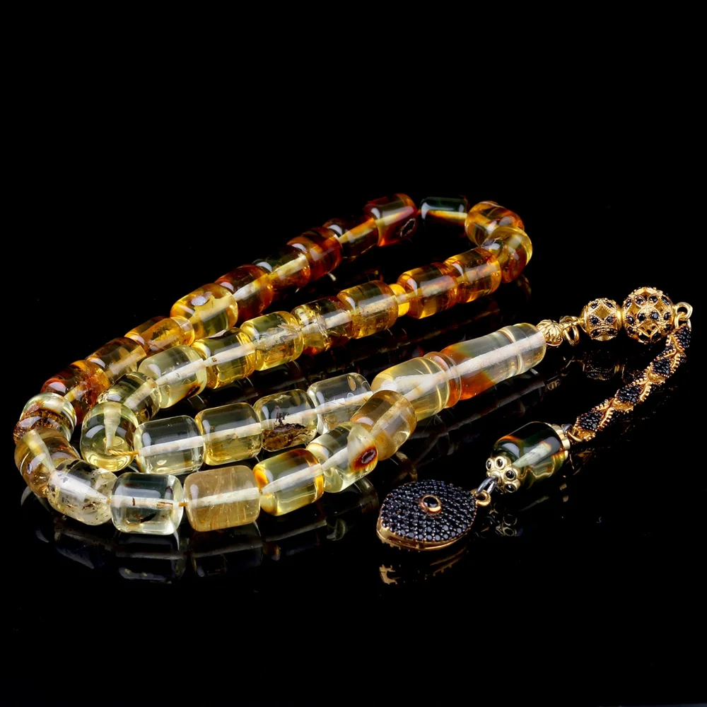 Kapsül Kesim Damla Kehribar Tesbih Zirkon Taş Gümüş Püsküllü