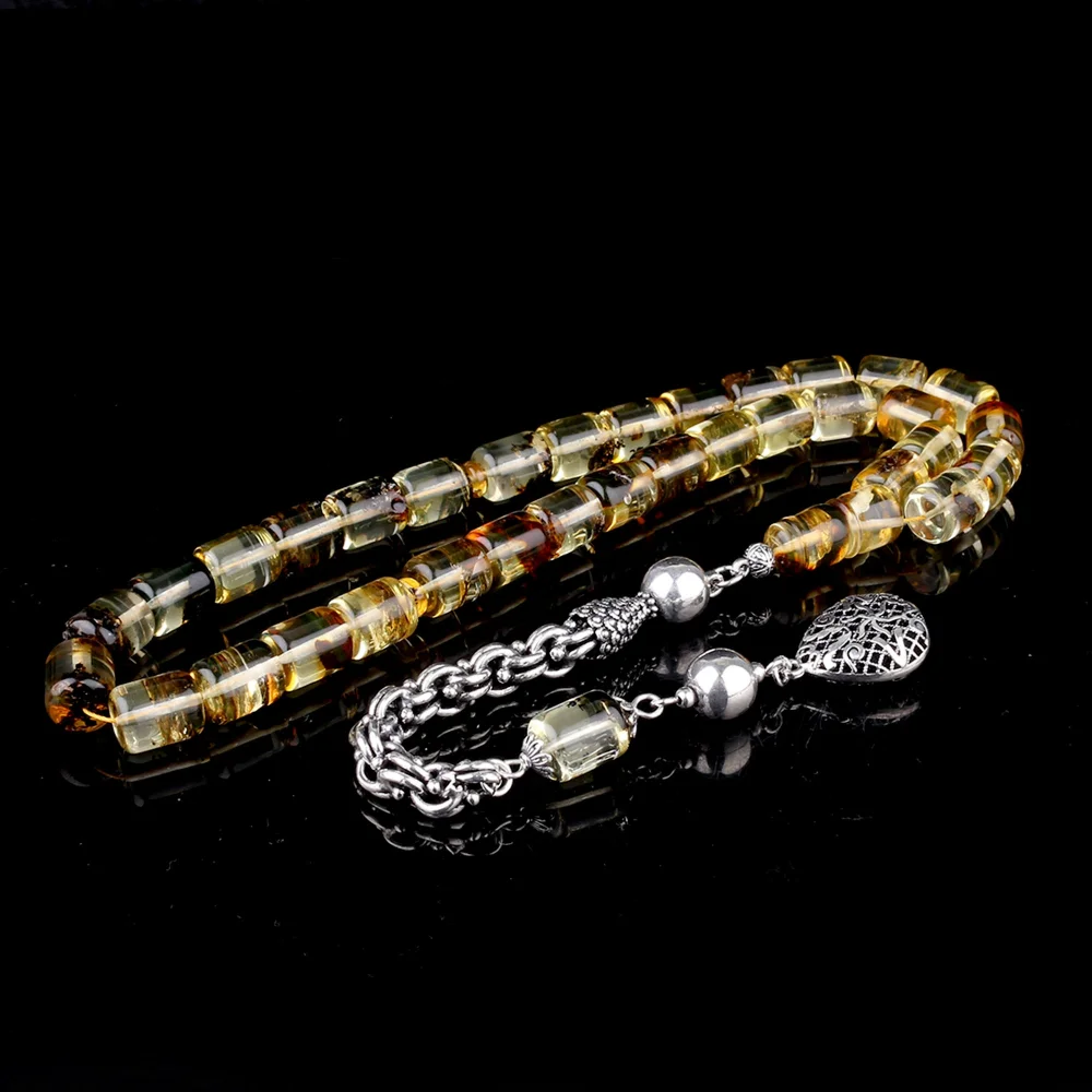 Kapsül Kesim Fosilli Damla Kehribar 925 Ayar Gümüş Püsküllü Tesbih