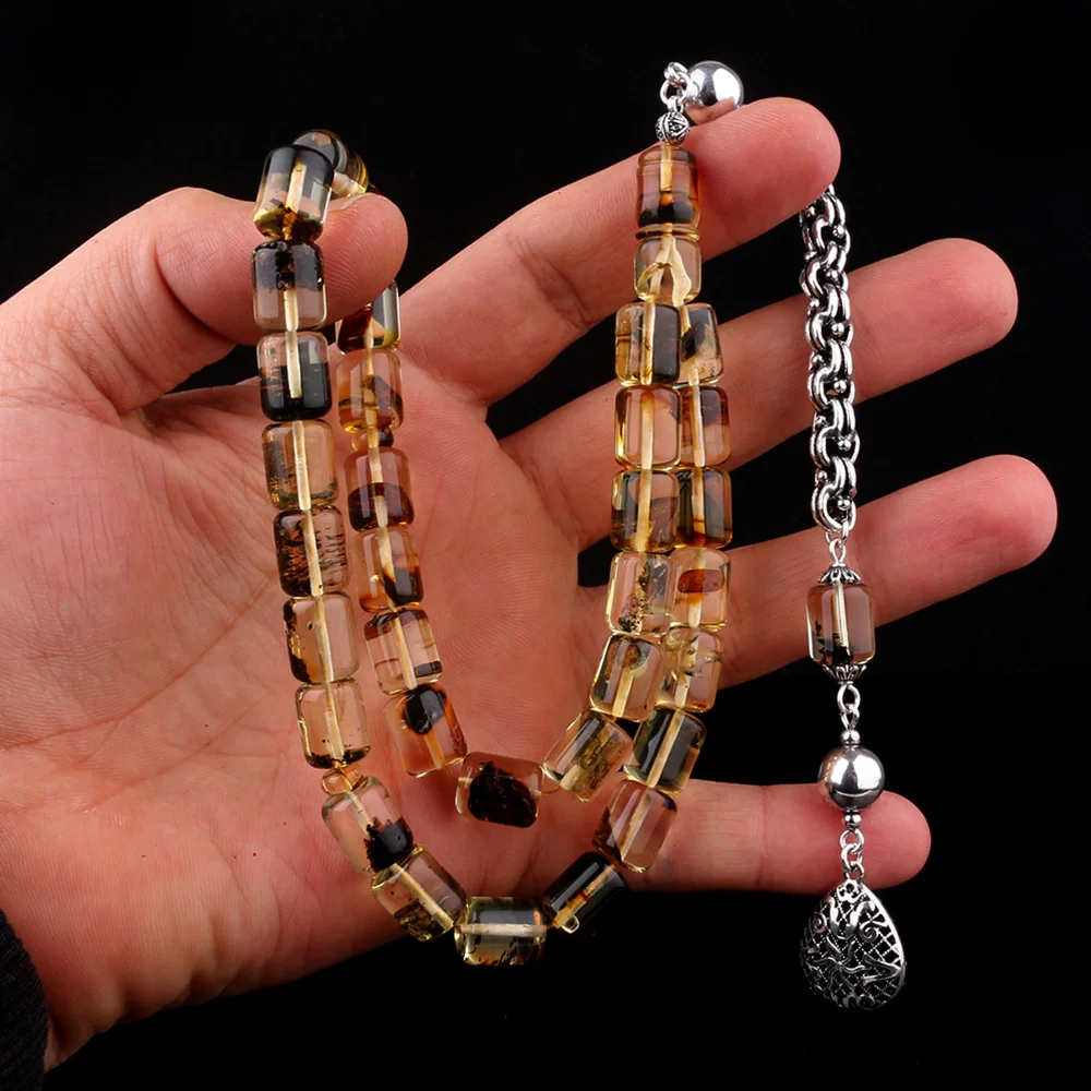 Kapsül Kesim Fosilli Damla Kehribar 925 Ayar Gümüş Püsküllü Tesbih