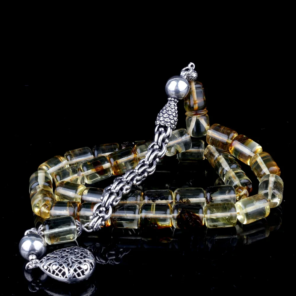 Kapsül Kesim Fosilli Damla Kehribar 925 Ayar Gümüş Püsküllü Tesbih