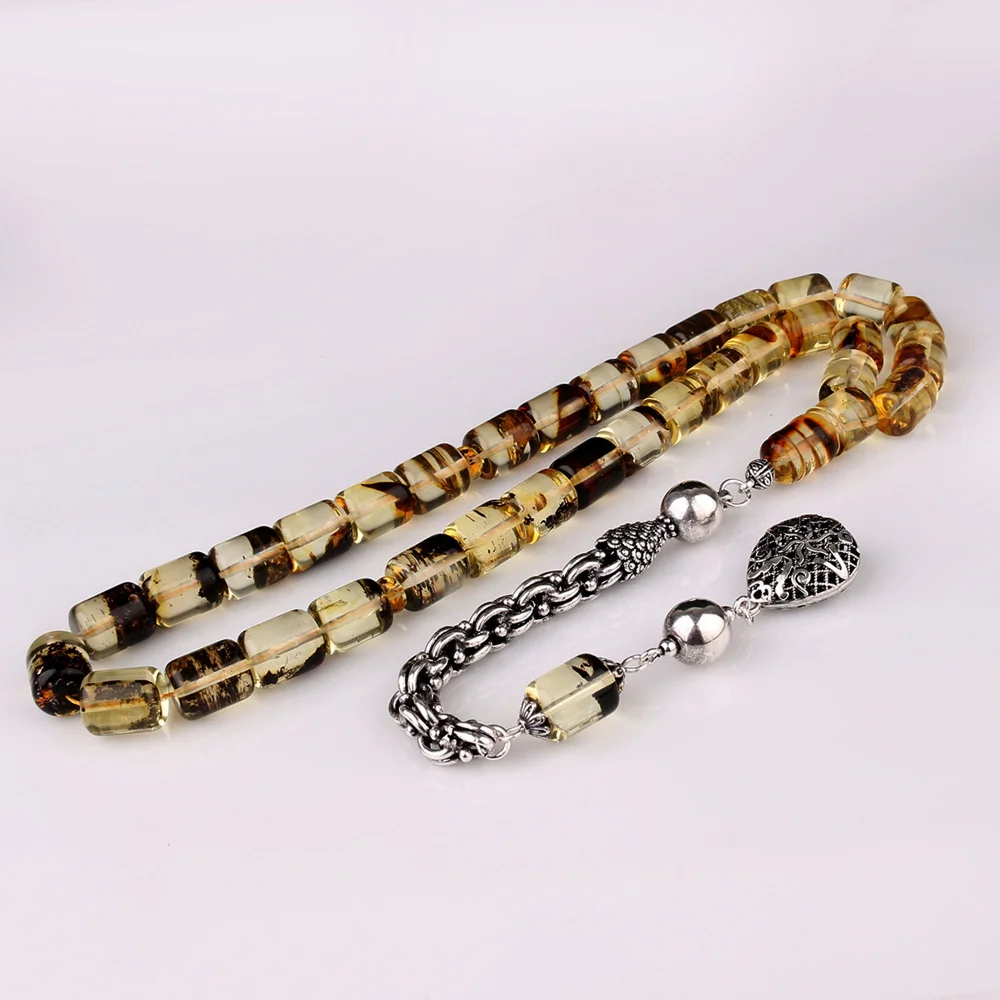 Kapsül Kesim Fosilli Damla Kehribar 925 Ayar Gümüş Püsküllü Tesbih