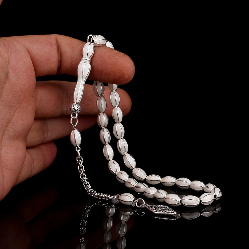 Kırık Beyaz Renk Mine İşlemeli Metal 6 Yarma Model Tesbih