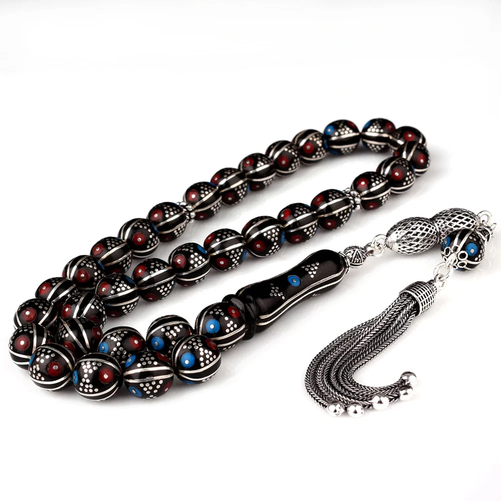 Kırmızı Mavi Mineli Erzurum Oltu Taşı 925 Ayar Gümüş Püsküllü Tesbih