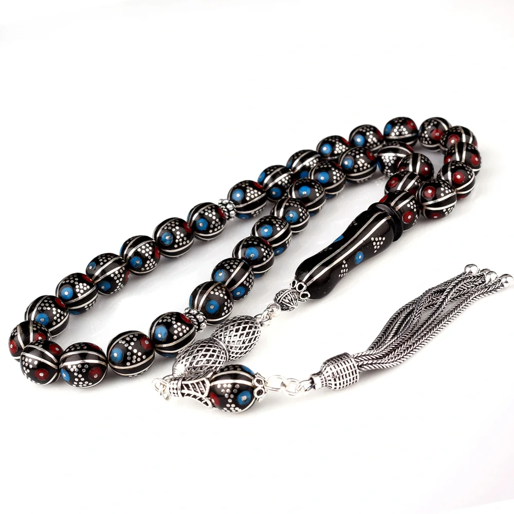 Kırmızı Mavi Mineli Erzurum Oltu Taşı 925 Ayar Gümüş Püsküllü Tesbih