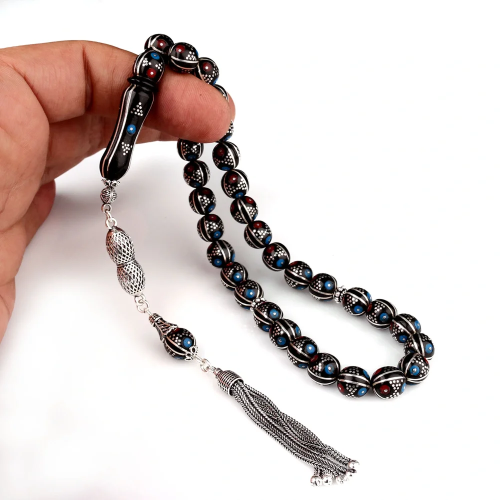 Kırmızı Mavi Mineli Erzurum Oltu Taşı 925 Ayar Gümüş Püsküllü Tesbih