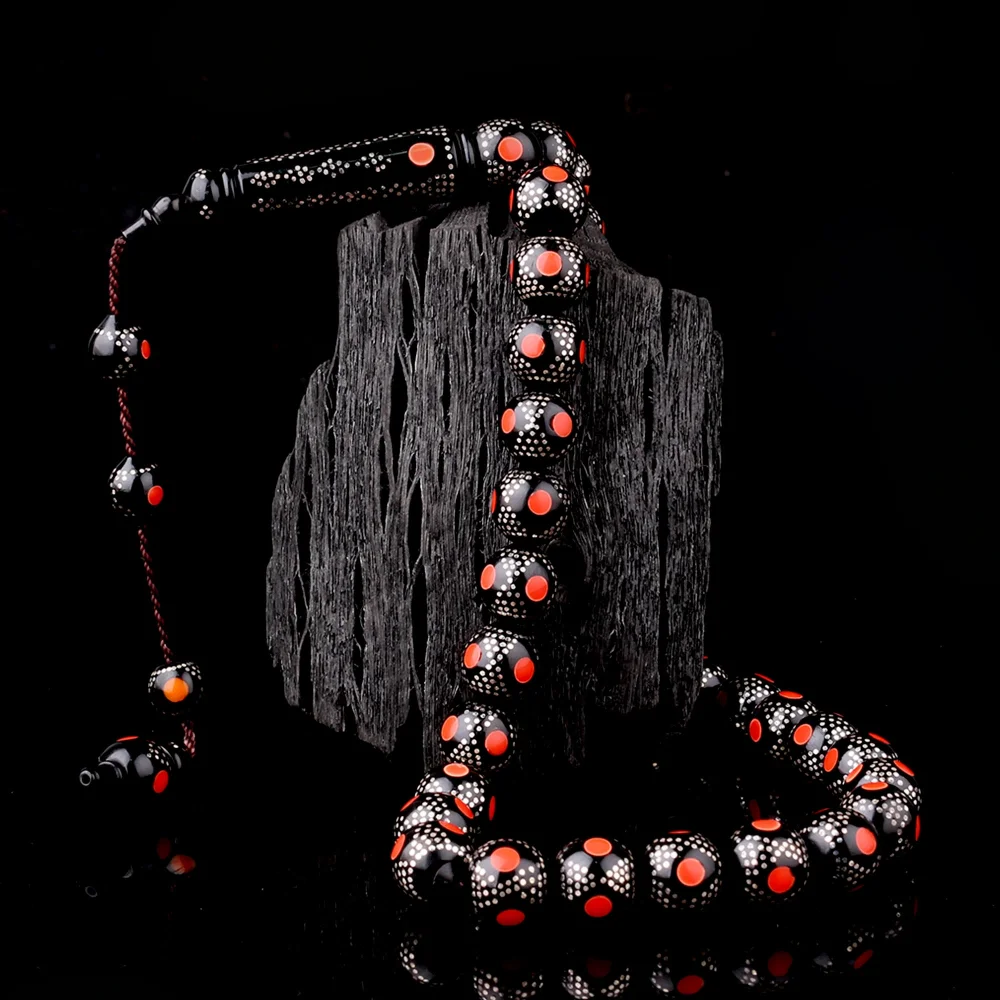 Kırmızı Mineli 925 Ayar Gümüş İşlemeli Kuka Tesbih