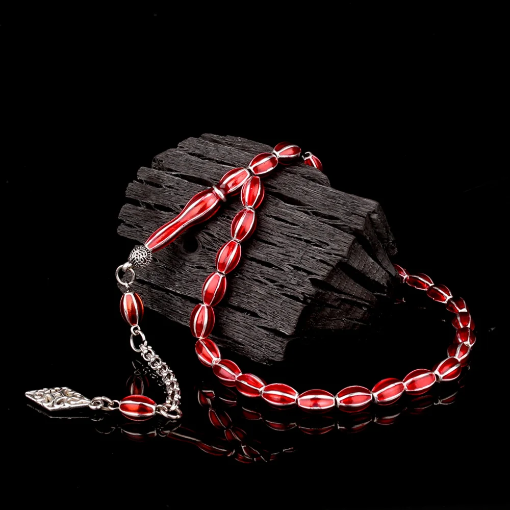 Kırmızı Renk Mine İşlemeli Metal 6 Yarma Model Tesbih