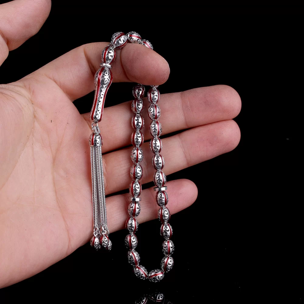 KIRMIZI RENK MİNELİ 925 AYAR GÜMÜŞ TESBİH