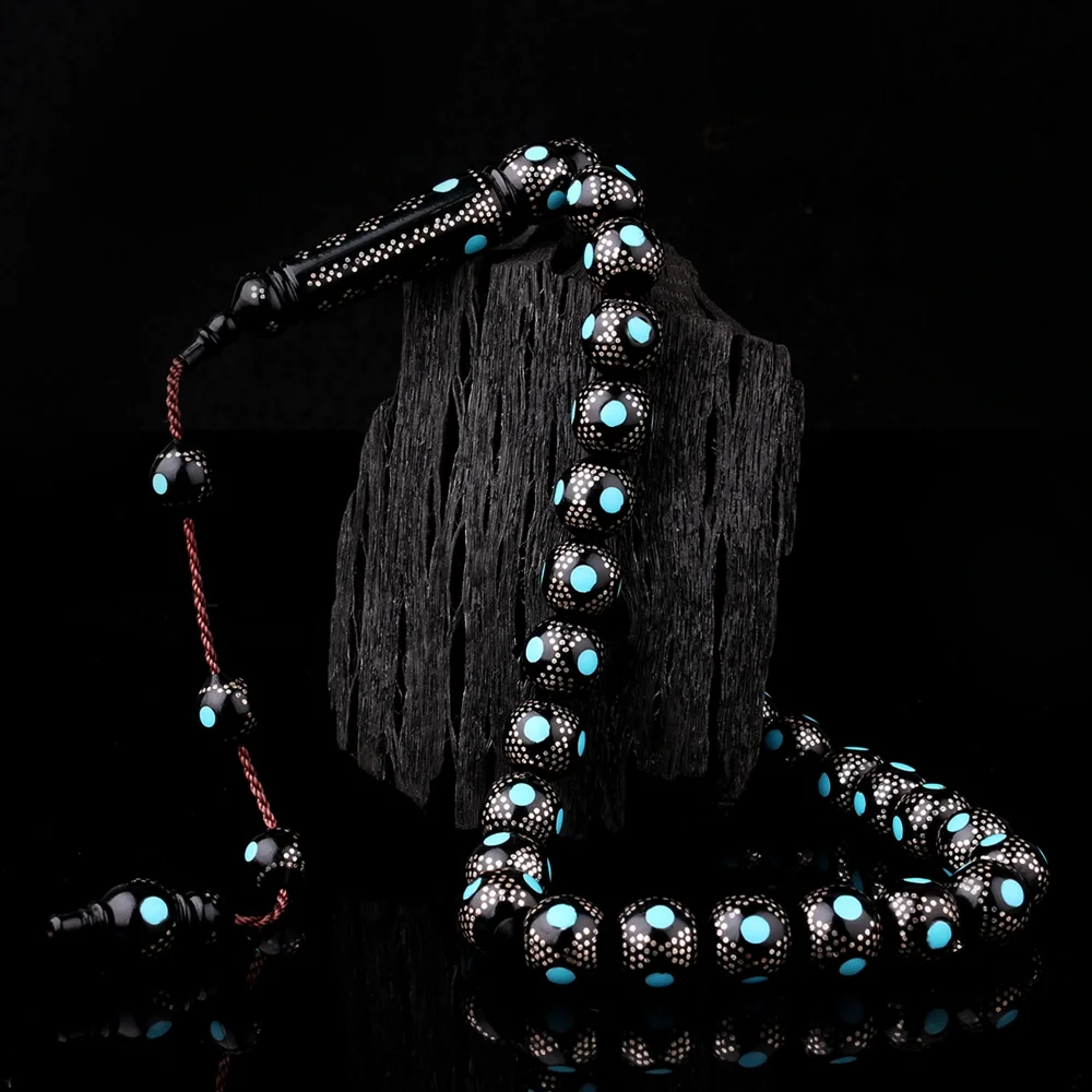 Mavi Mineli 925 Ayar Gümüş İşlemeli Kuka Tesbih