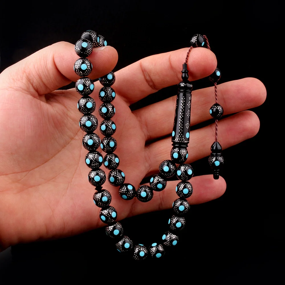 Mavi Mineli 925 Ayar Gümüş İşlemeli Kuka Tesbih