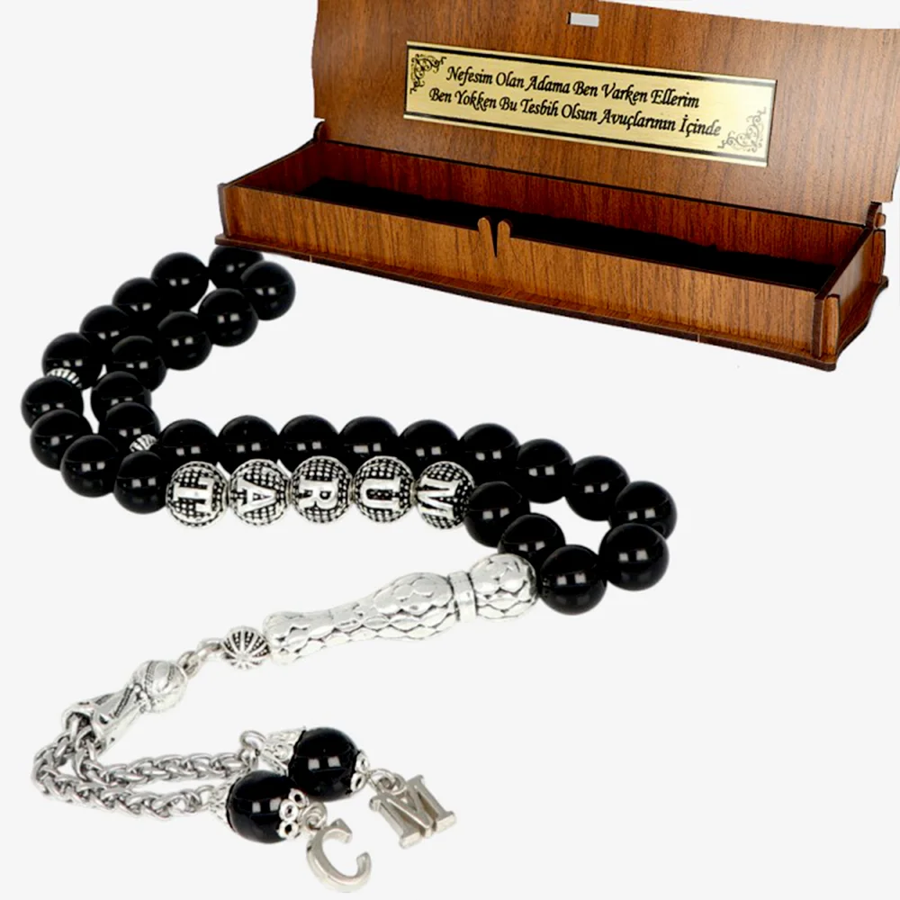 Onix Taşlı İsim Yazılı Kararmaz Metal Tesbih