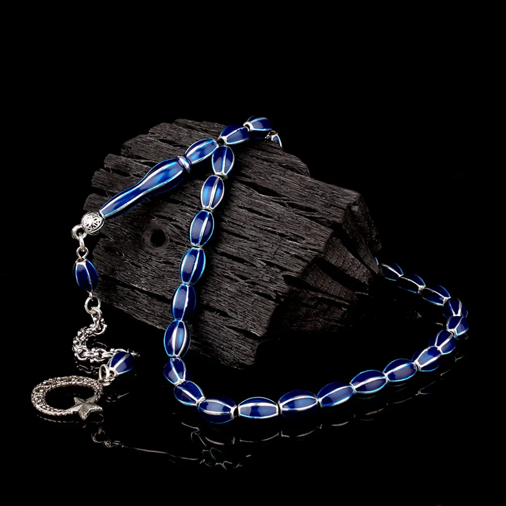 Parlament Mavi Renk İşlemeli Metal 6 Yarma Model Tesbih