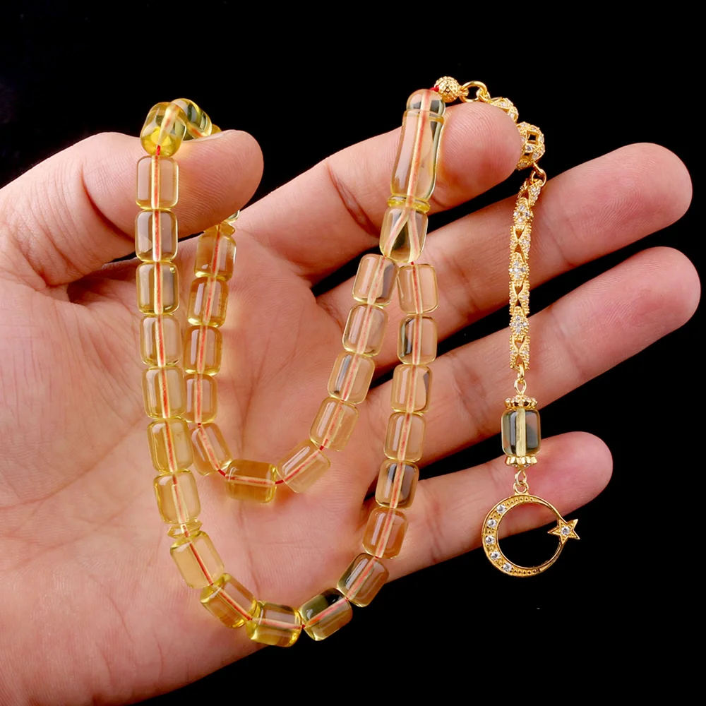 Şeffaf Renk Damla Kehribar Tesbih Ayyıldız Model Zirkon Taşlı Gümüş Püsküllü