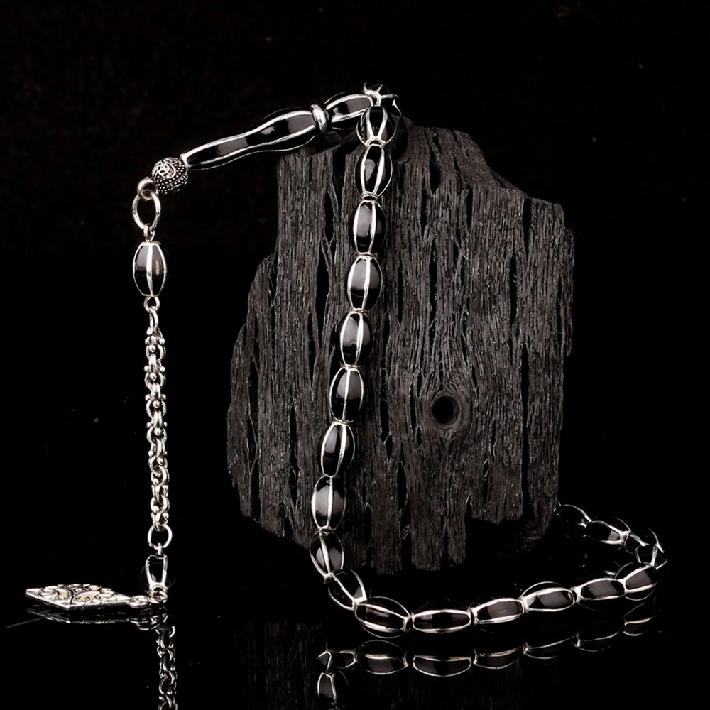 Siyah Renk Mine İşlemeli Metal 6 Yarma Model Tesbih