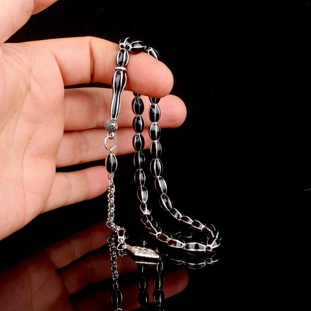 Siyah Renk Mine İşlemeli Metal 6 Yarma Model Tesbih