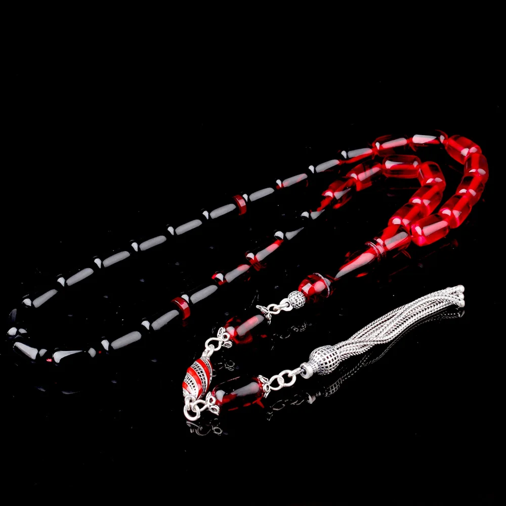 Süzme Renk Kapsül Kesim 925 Ayar Gümüş Mineli Püsküllü Ateş Kehribar Tesbih