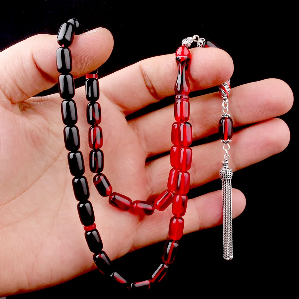 Süzme Renk Kapsül Kesim 925 Ayar Gümüş Mineli Püsküllü Ateş Kehribar Tesbih