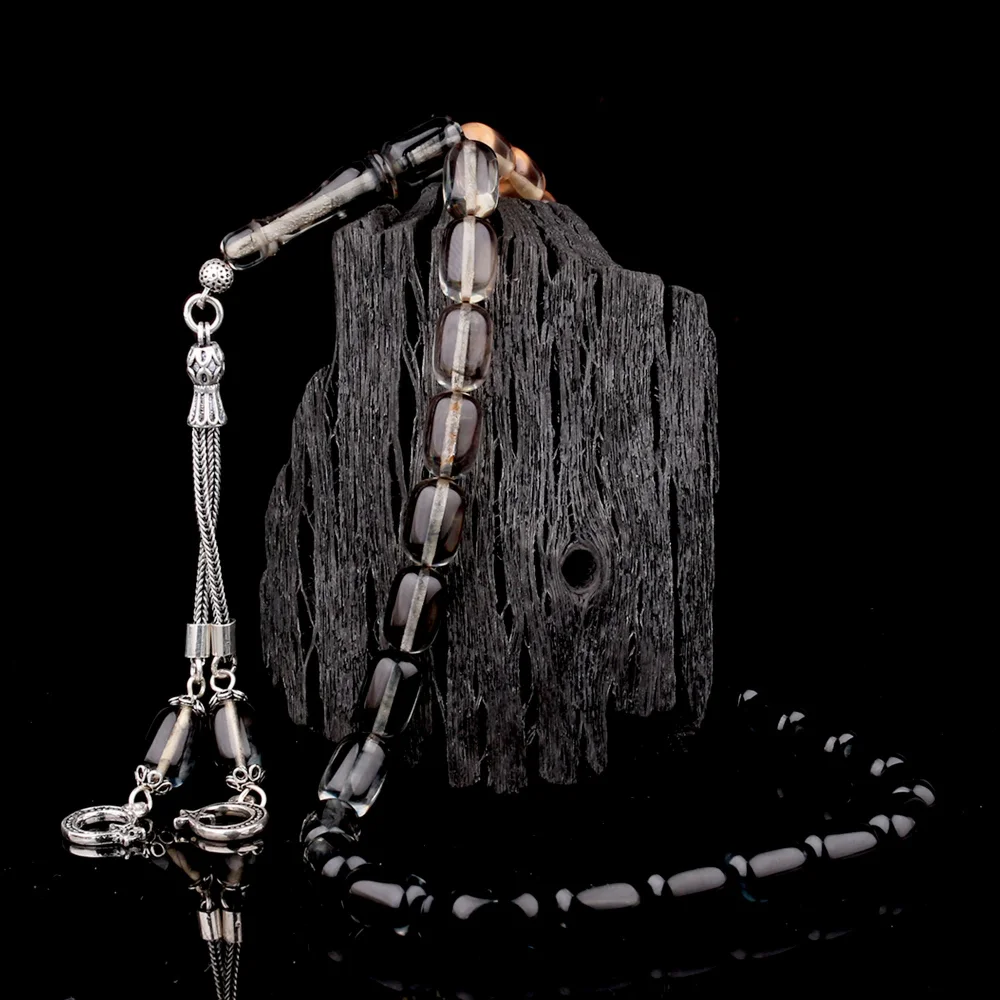 Süzme Renk Kapsül Kesim 925 Ayar Gümüş Püsküllü Ateş Kehribar Tesbih