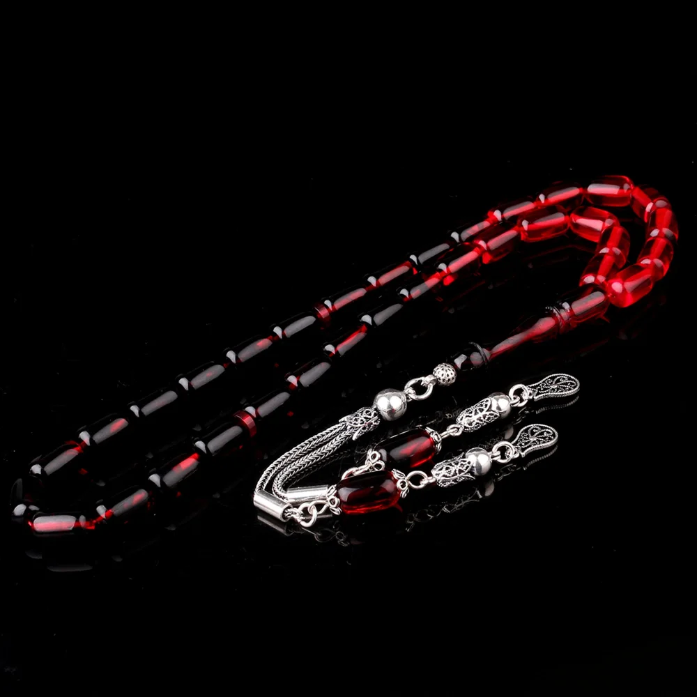 Süzme Renk Kapsül Kesim 925 Ayar Gümüş Püsküllü Ateş Kehribar Tesbih