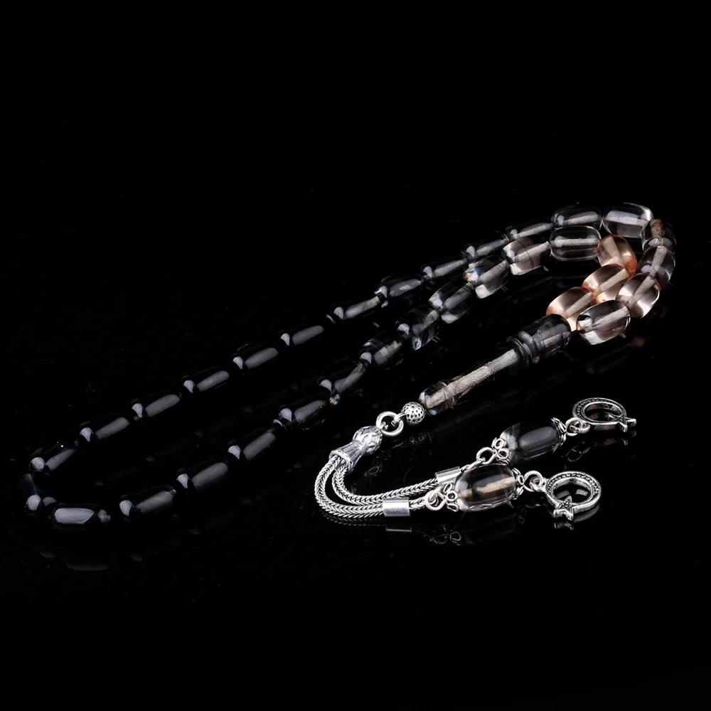 Süzme Renk Kapsül Kesim 925 Ayar Gümüş Püsküllü Ateş Kehribar Tesbih