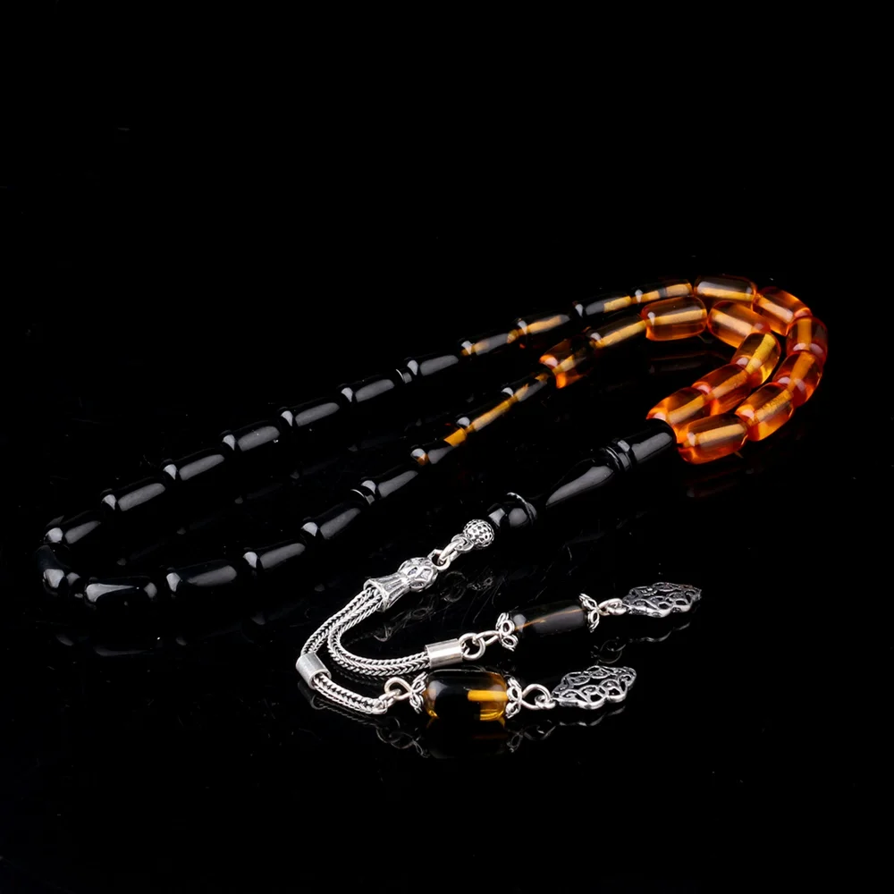 Süzme Renk Kapsül Kesim 925 Ayar Gümüş Püsküllü Ateş Kehribar Tesbih