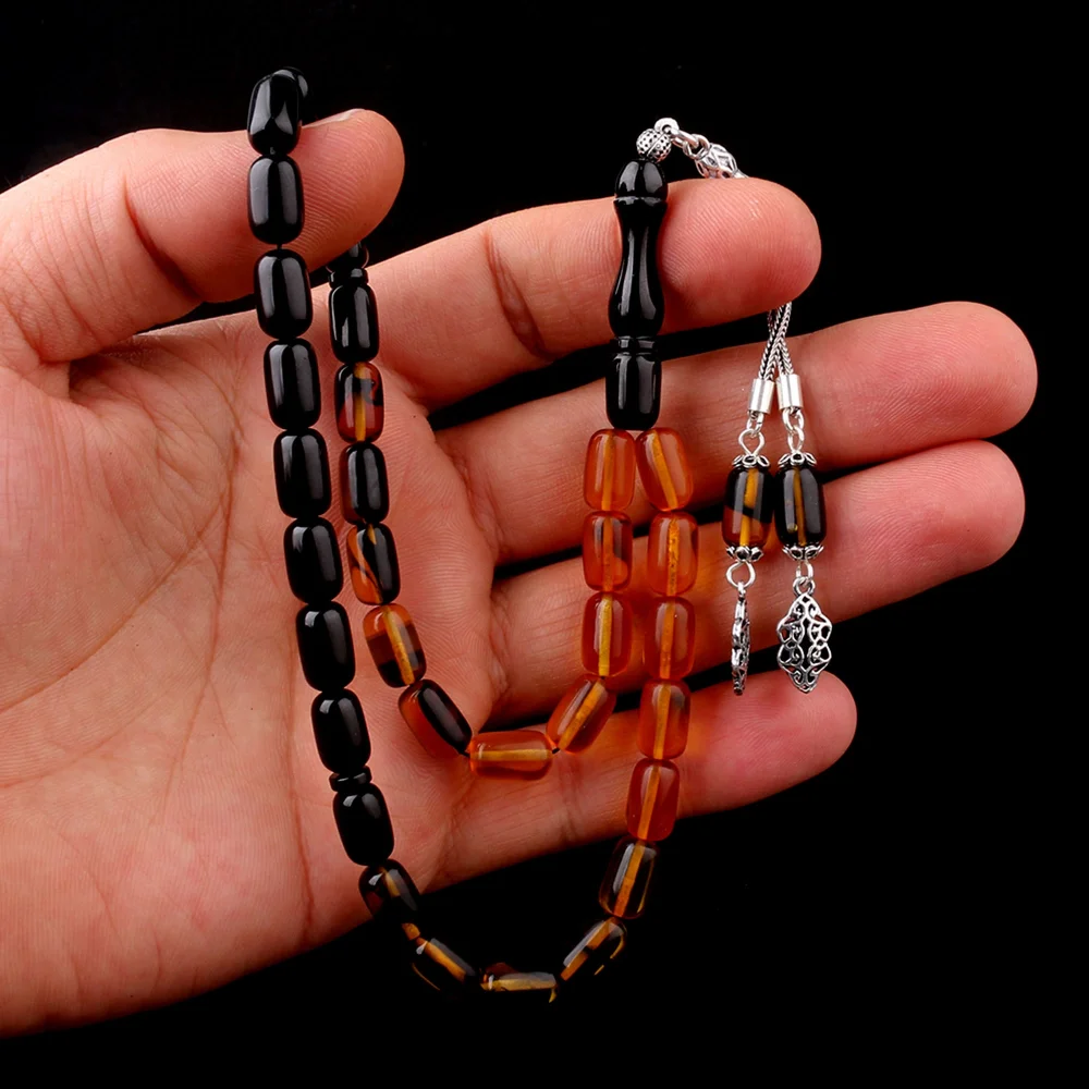 Süzme Renk Kapsül Kesim 925 Ayar Gümüş Püsküllü Ateş Kehribar Tesbih