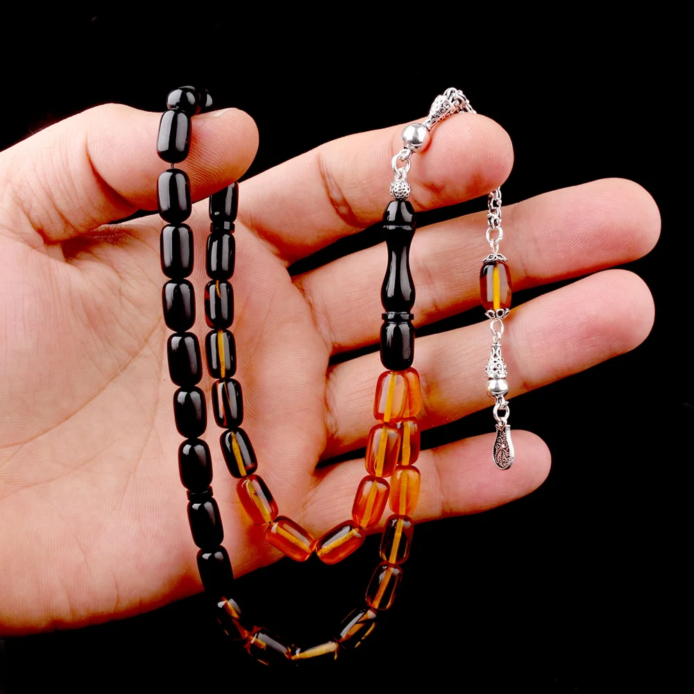 Süzme Renk Kapsül Kesim 925 Ayar Gümüş Püsküllü Ateş Kehribar Tesbih