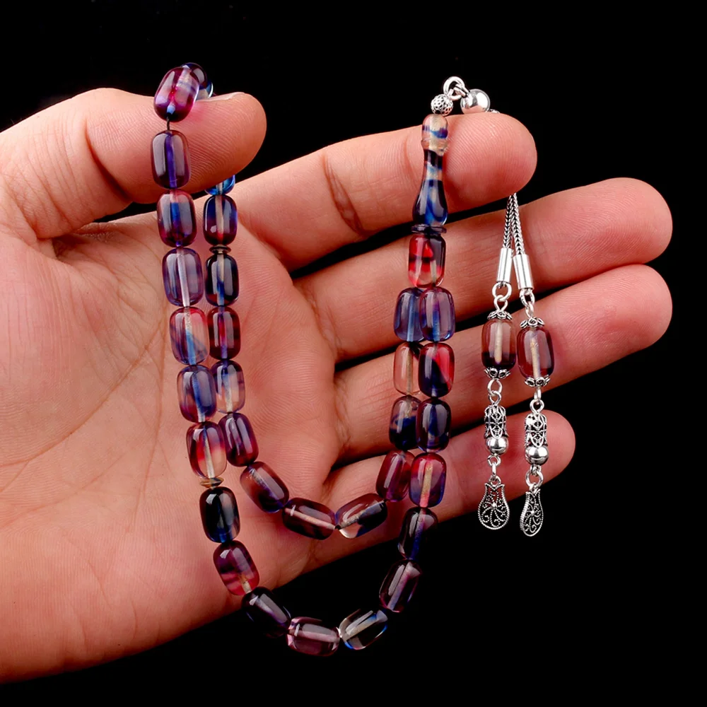 Süzme Renk Kapsül Kesim 925 Ayar Gümüş Püsküllü Ateş Kehribar Tesbih