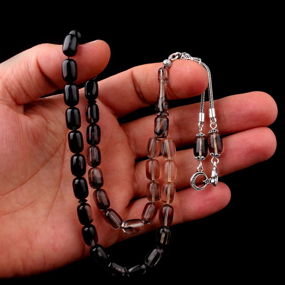 Süzme Renk Kapsül Kesim 925 Ayar Gümüş Püsküllü Ateş Kehribar Tesbih