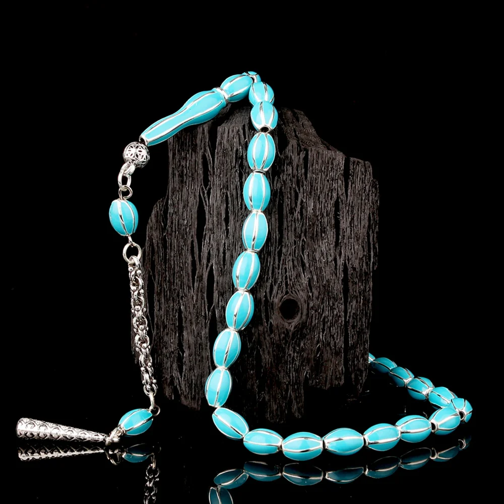 Turkuaz Renk Mine İşlemeli Metal 6 Yarma Model Tesbih