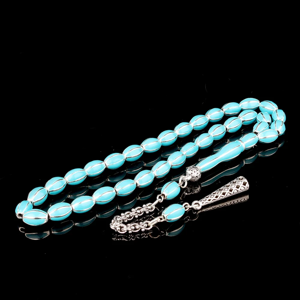 Turkuaz Renk Mine İşlemeli Metal 6 Yarma Model Tesbih