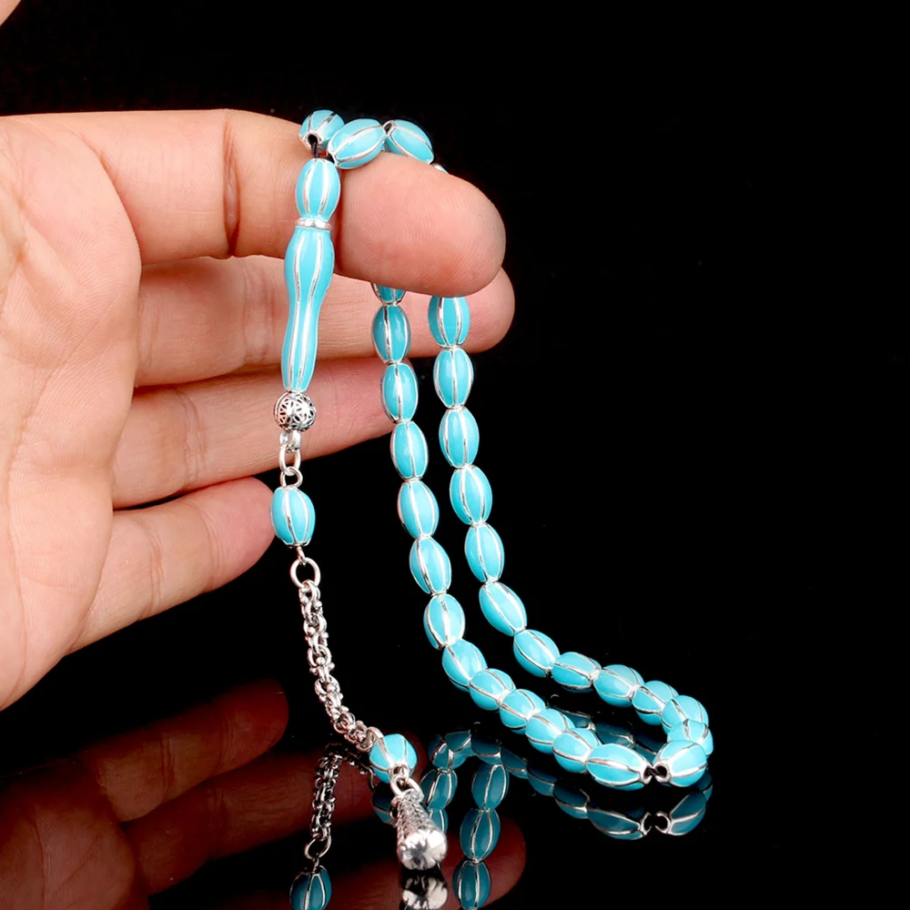 Turkuaz Renk Mine İşlemeli Metal 6 Yarma Model Tesbih