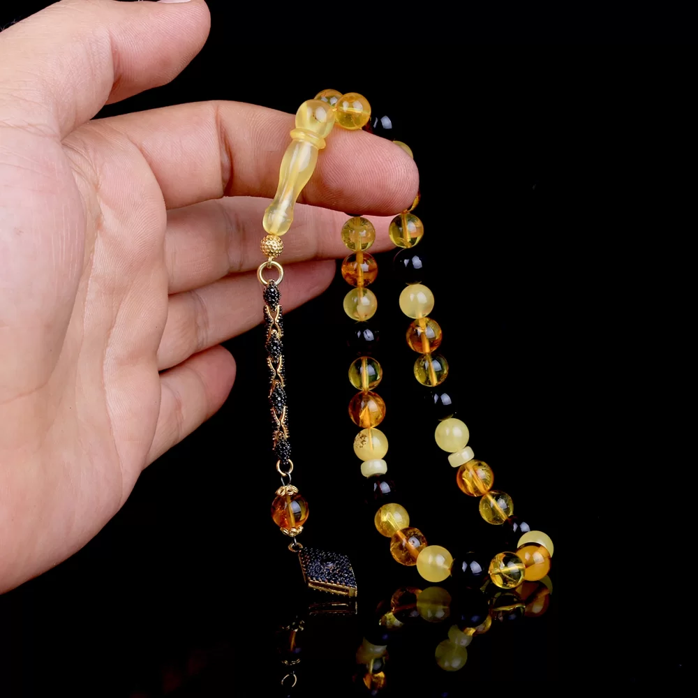 Zirkon Taşlı Püsküllü Renk Karması Doğal Damla Kehribar Tesbih