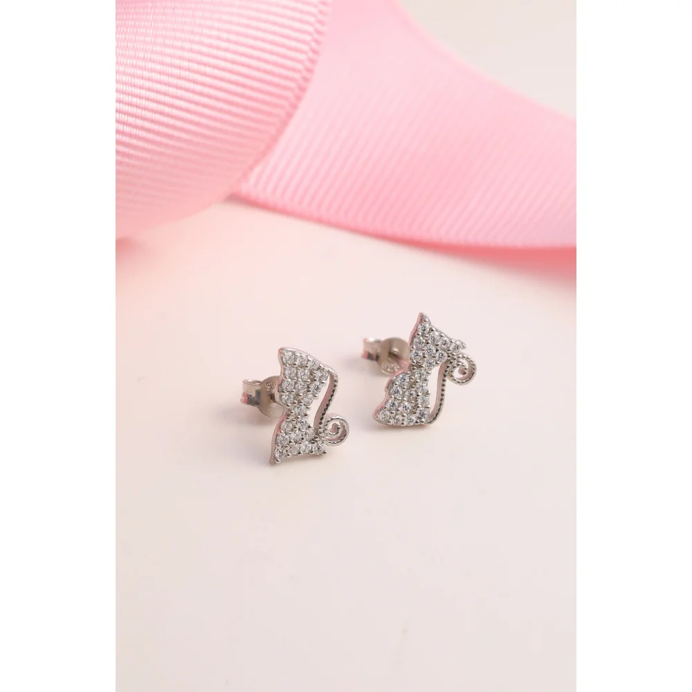 925 Ayar Gümüş Zirkon Taşlı Kedi Figürlü Küpe - Silver