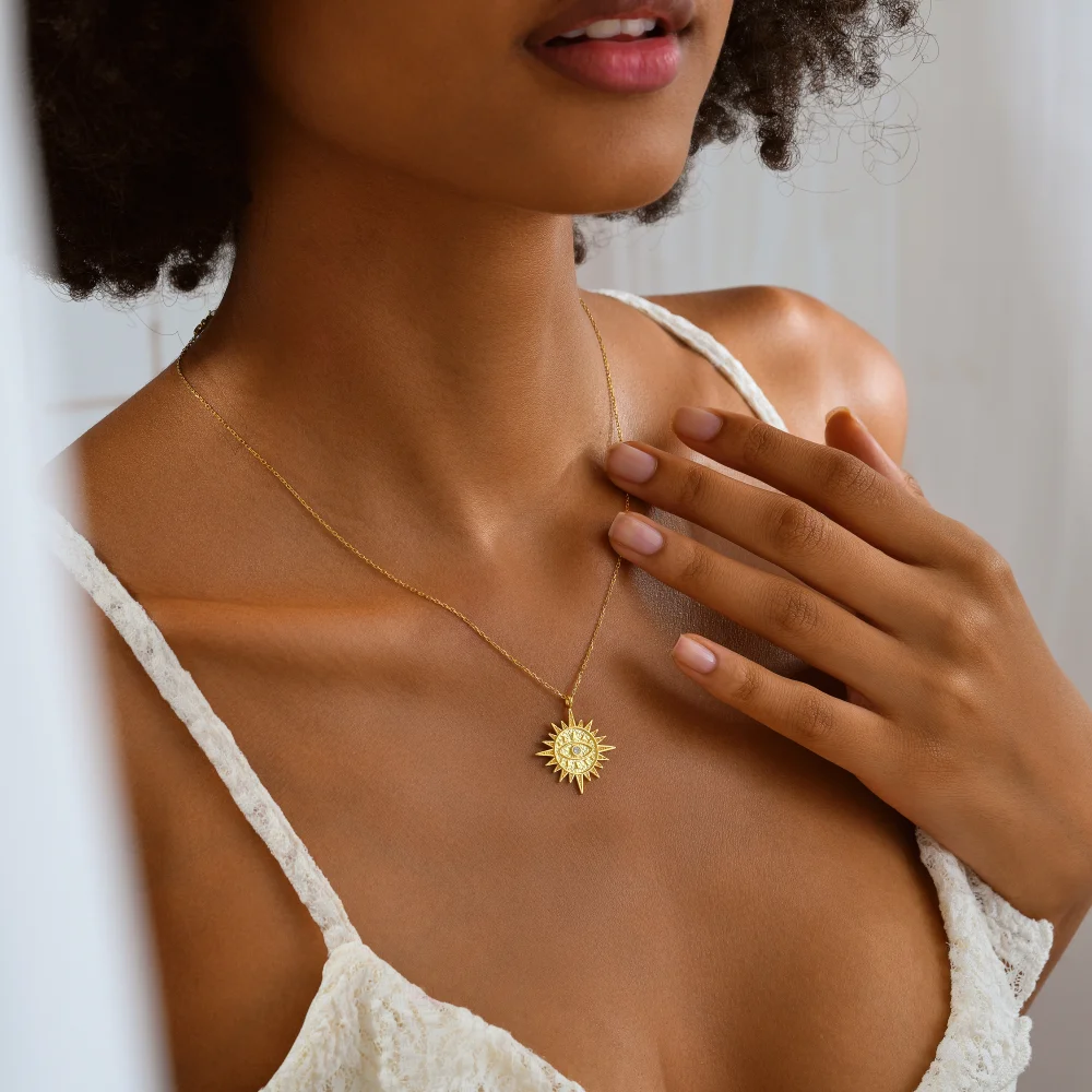 925 Ayar Gümüş Güneş ve Nazar Gözü Figürlü Kolye