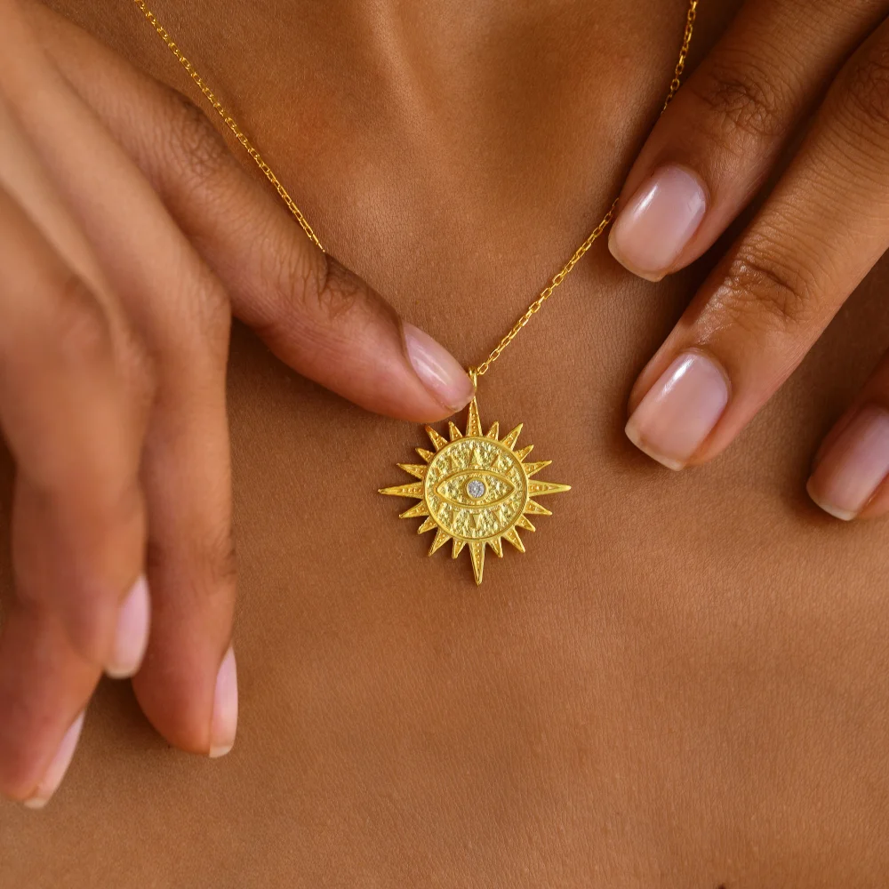 925 Ayar Gümüş Güneş ve Nazar Gözü Figürlü Kolye