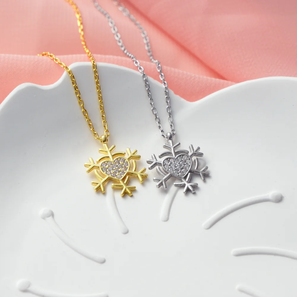 925 Ayar Gümüş Kalpli Kar Tanesi Kolye