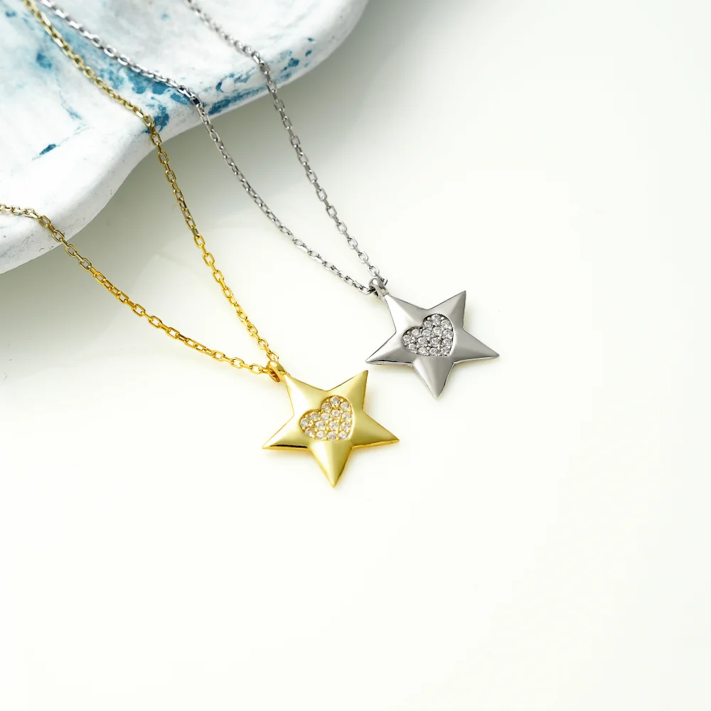 925 Ayar Gümüş Kalpli Yıldız Kolye