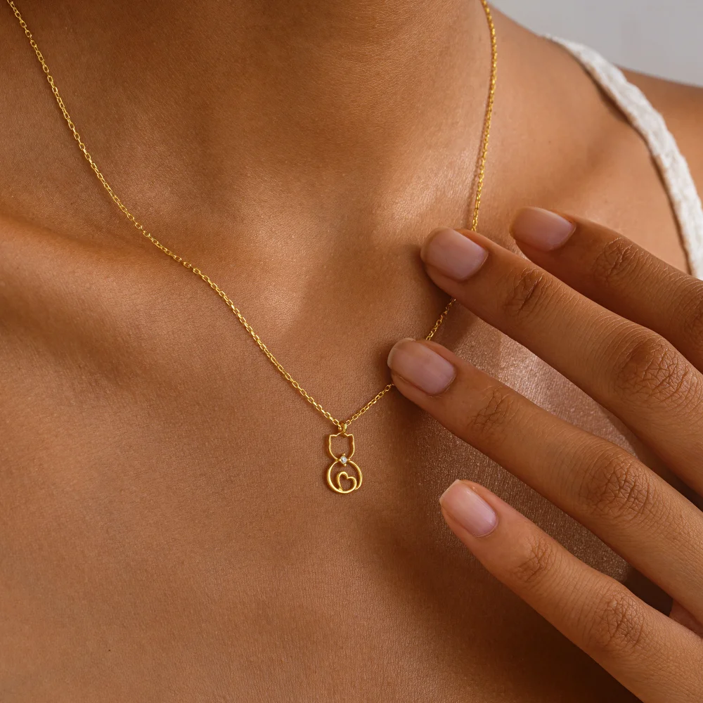 925 Ayar Gümüş Kedi Figürlü Kalp Kolye