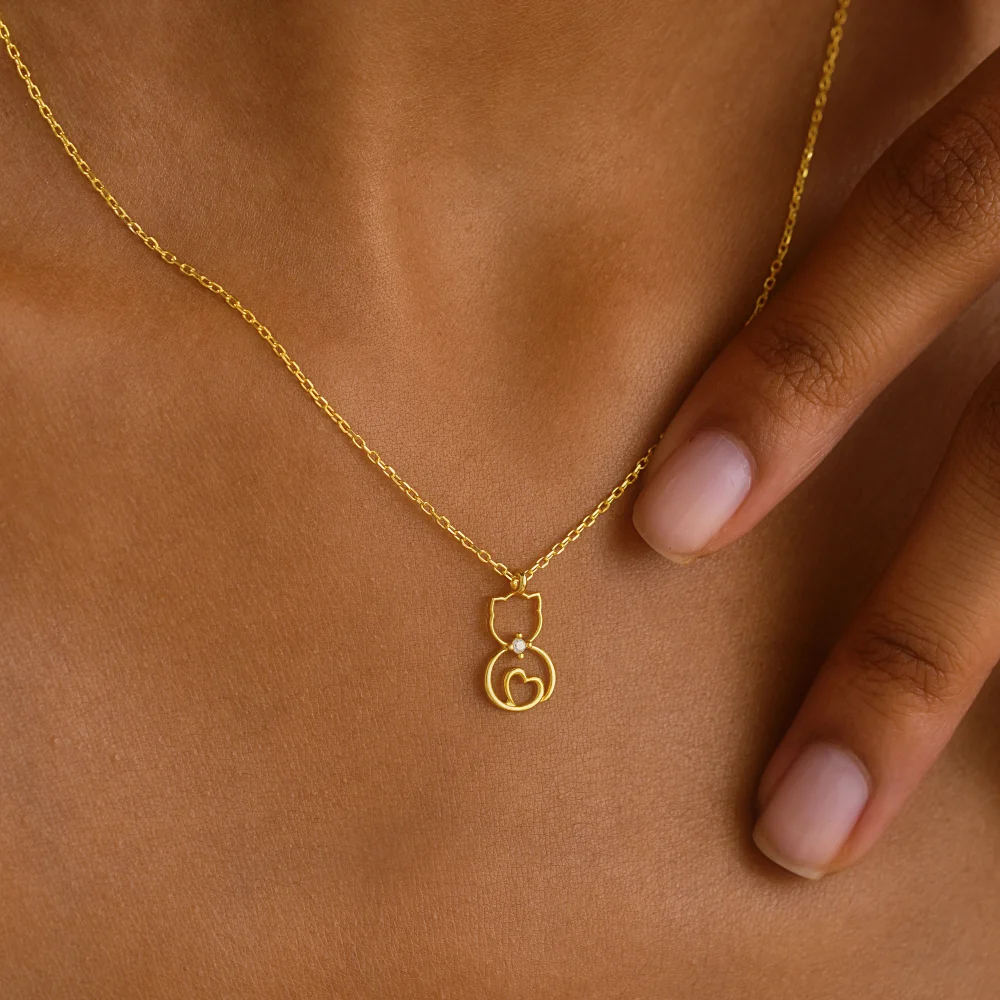 925 Ayar Gümüş Kedi Figürlü Kalp Kolye