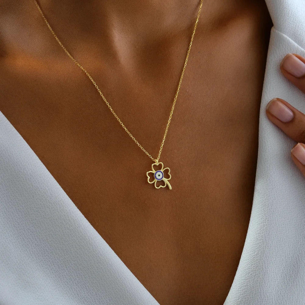 925 Ayar Gümüş Nazar Boncuklu Yonca Kolye