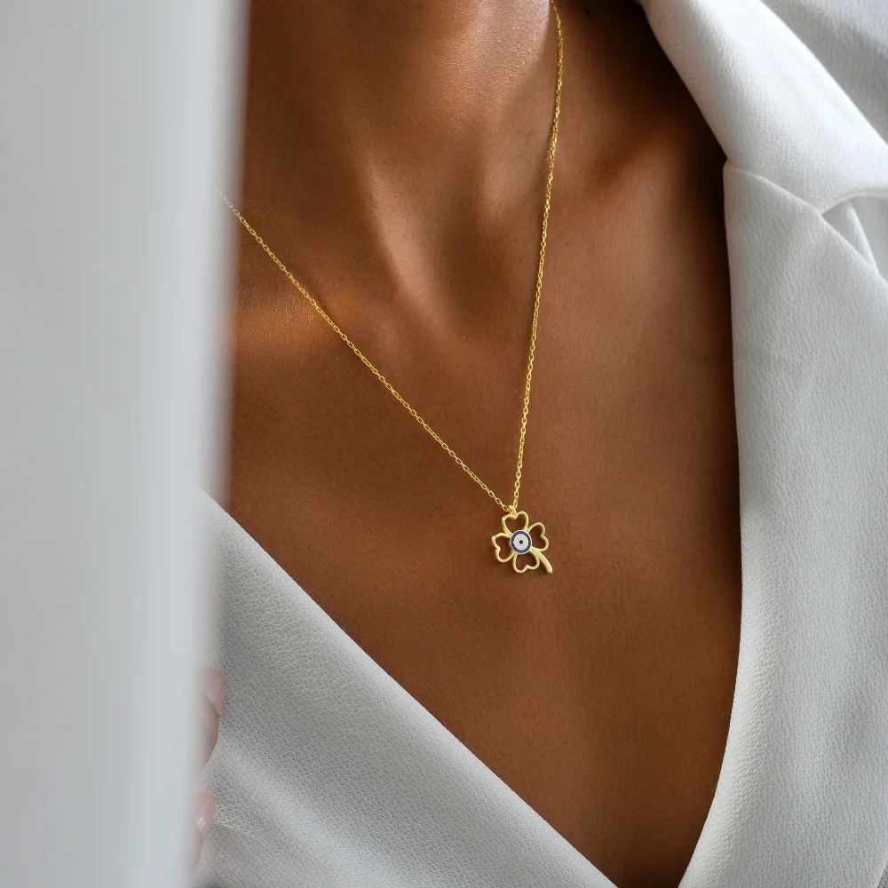 925 Ayar Gümüş Nazar Boncuklu Yonca Kolye