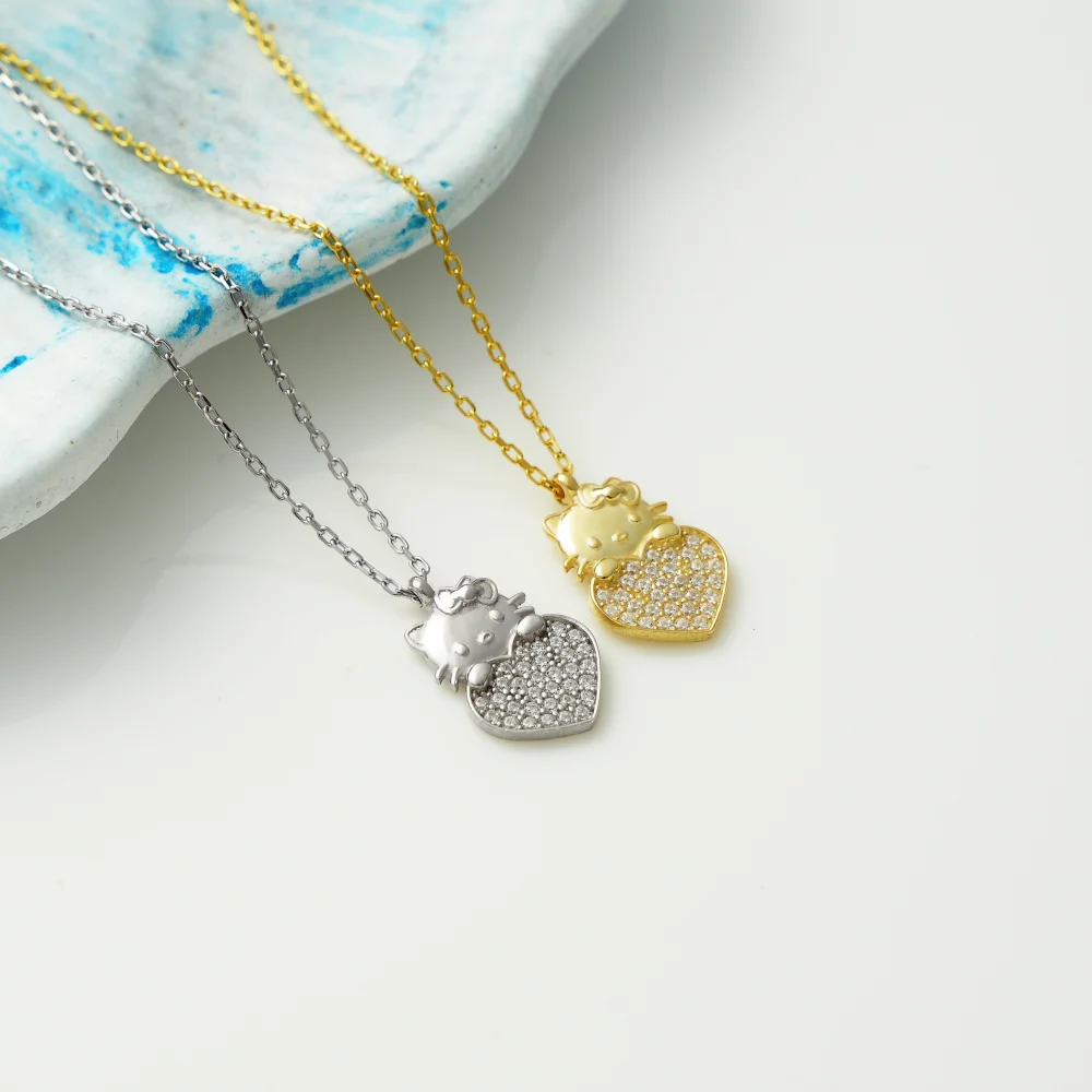 925 Ayar Gümüş Sevimli Kalpli Kedi Kolye