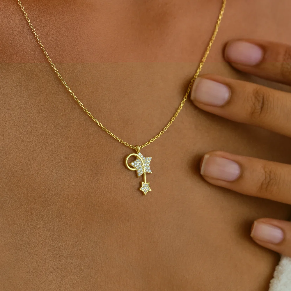 925 Ayar Gümüş Taşlı Çift Yıldızlı Kolye