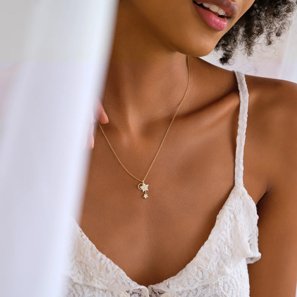 925 Ayar Gümüş Taşlı Çift Yıldızlı Kolye